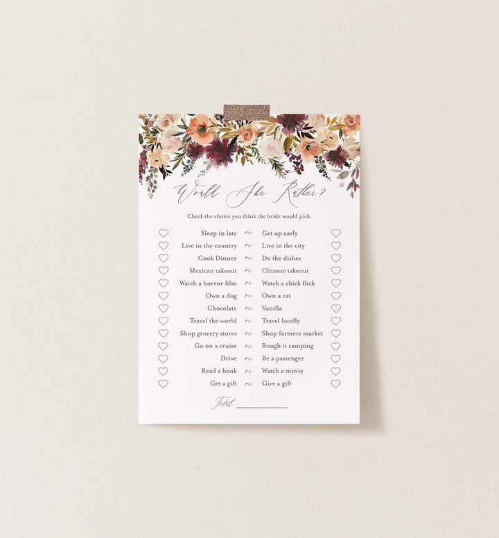 Romance Blush Bridal Shower Would She Rather Game Printable