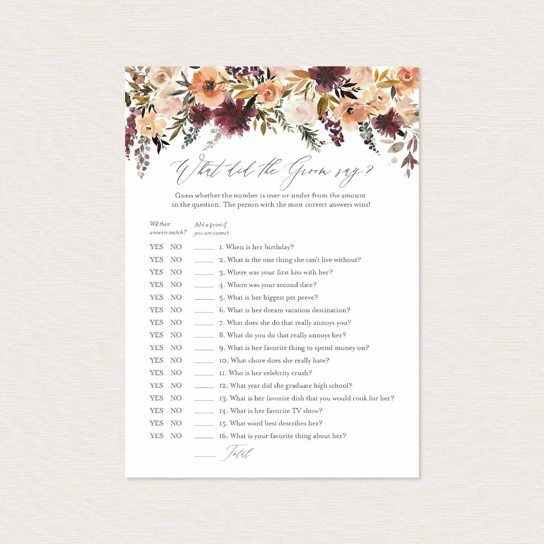 Romance Blush Bridal Shower What Did The Groom Say Game Printable