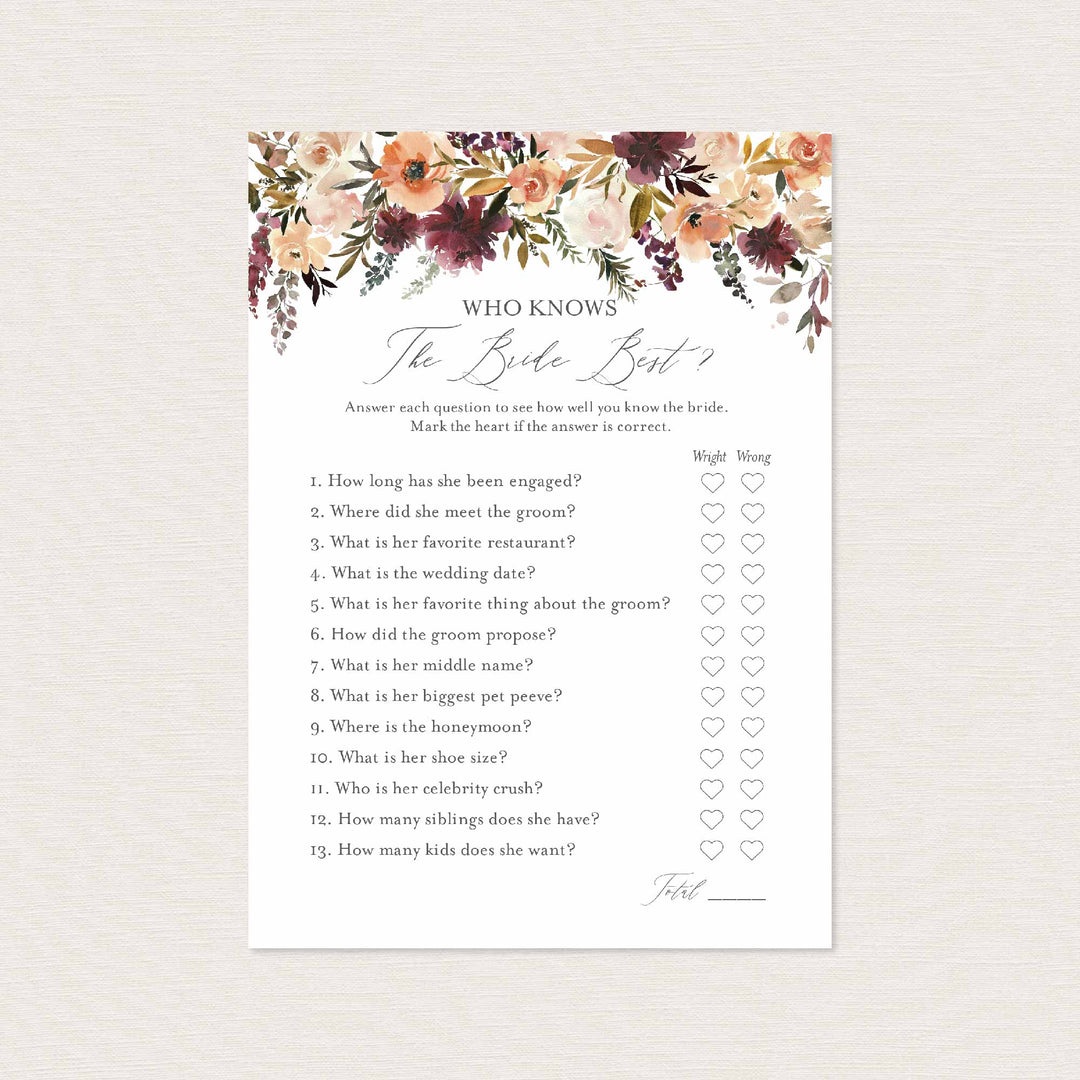 Romance Blush Bridal Shower Who Knows The Bride Best Game Printable