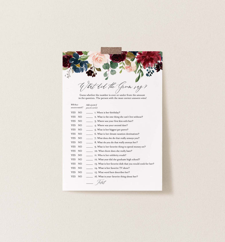 Burgundy Navy Bridal Shower What Did The Groom Say Game Printable