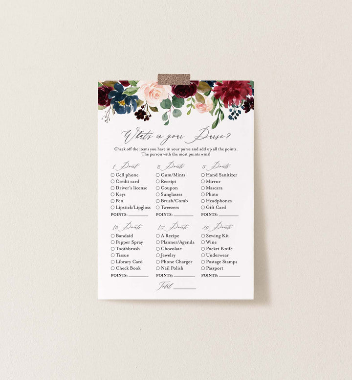 Burgundy Navy Bridal Shower What's In Your Purse Game Printable