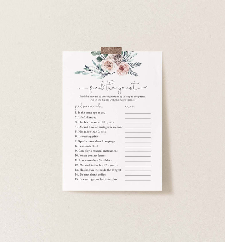 Boho Rose Bridal Shower Find The Guest Game Printable
