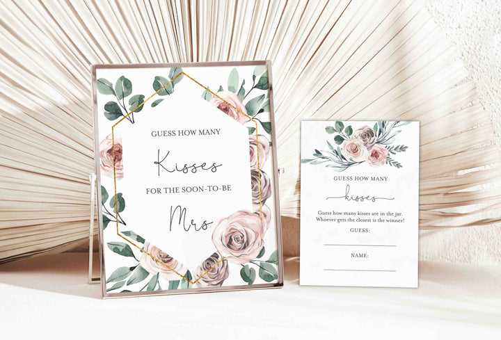 Boho Rose Bridal Shower Guess How Many Kisses Game Printable