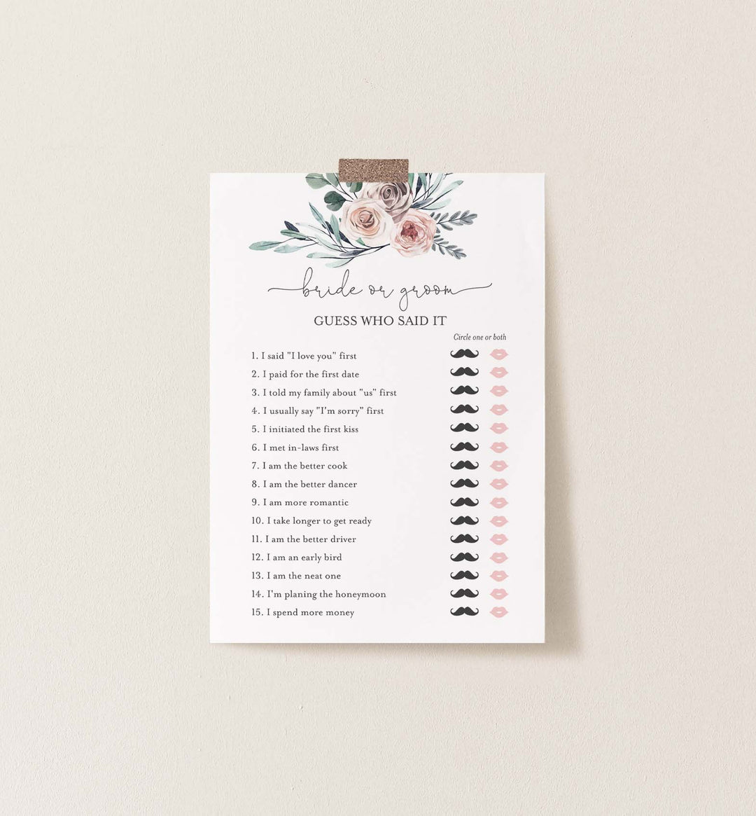Boho Rose Bridal Shower He Said She Said Game Printable