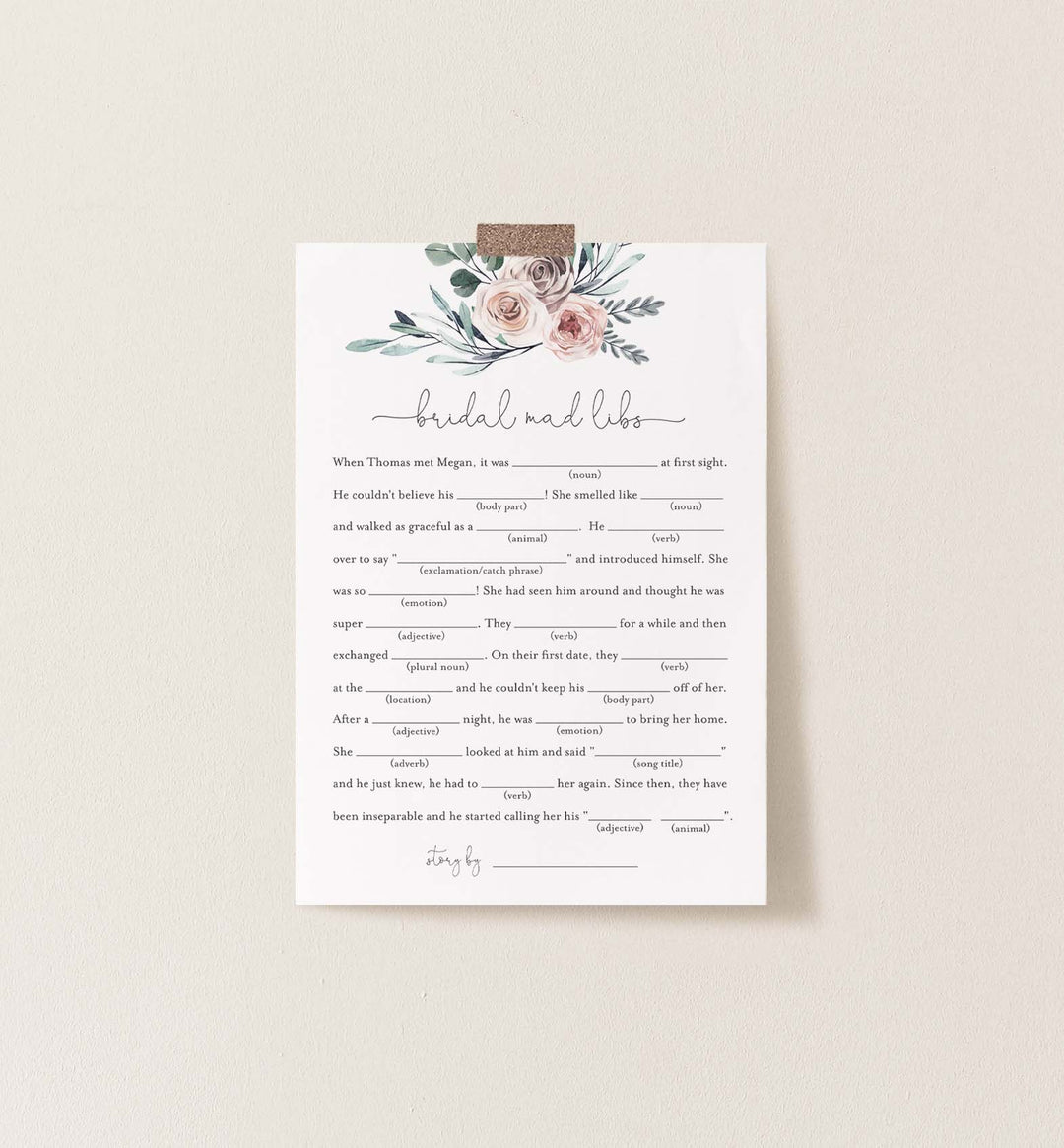 Boho Rose Bridal Shower Mad Libs Game Printable