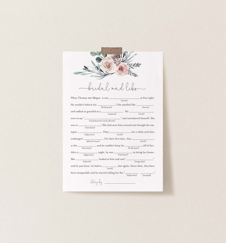 Boho Rose Bridal Shower Mad Libs Game Printable