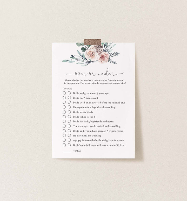 Boho Rose Bridal Shower Over or Under Game Printable