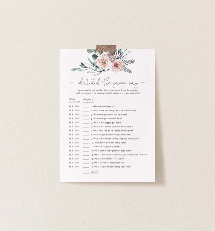 Boho Rose Bridal Shower What Did The Groom Say Game Printable