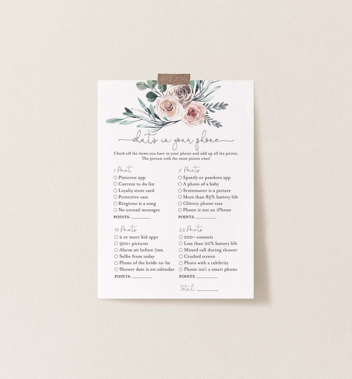 Boho Rose Bridal Shower What's In Your Phone Game Printable