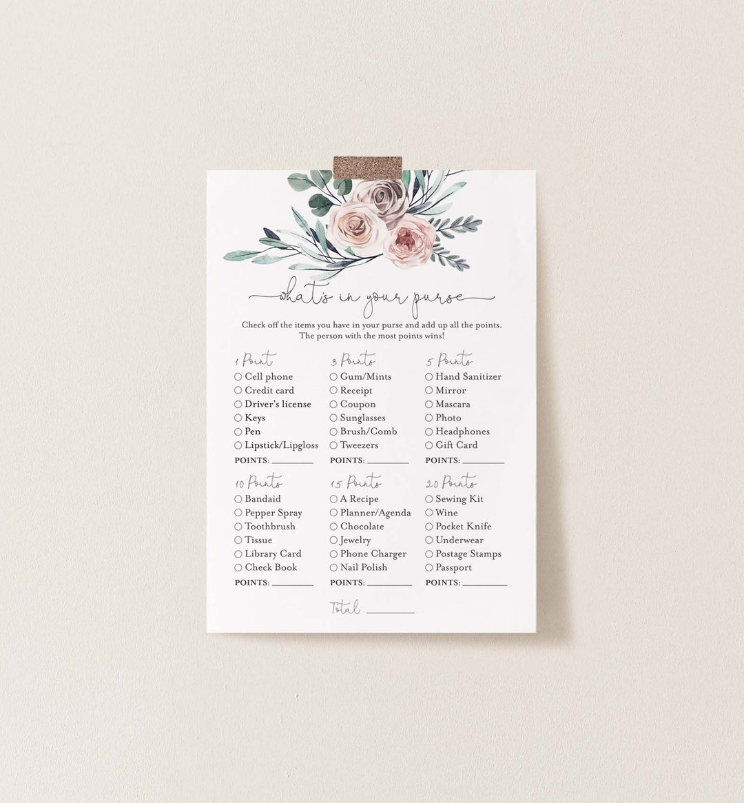 Boho Rose Bridal Shower What's In Your Purse Game Printable