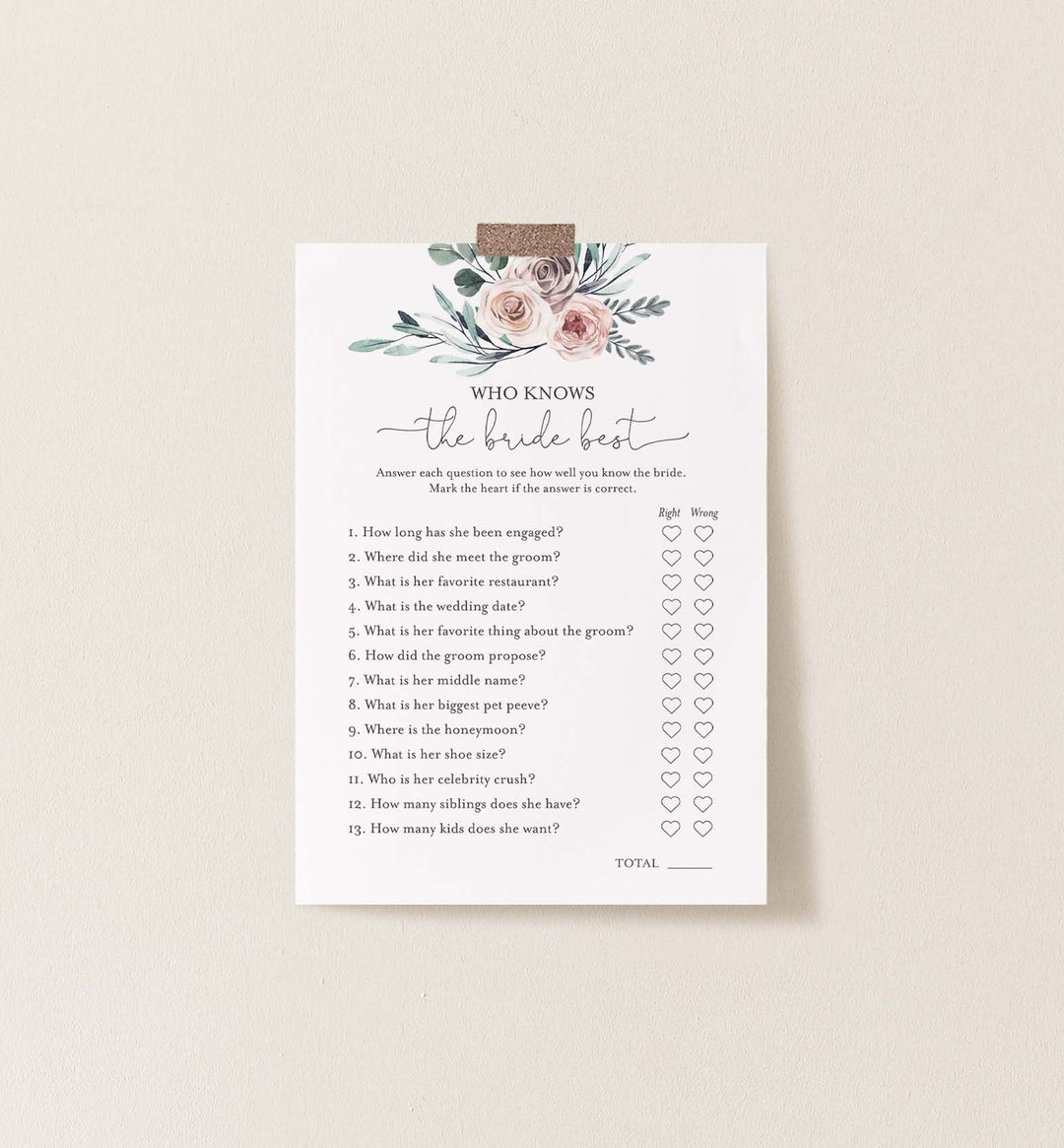 Boho Rose Bridal Shower Who Knows The Bride Best Game Printable