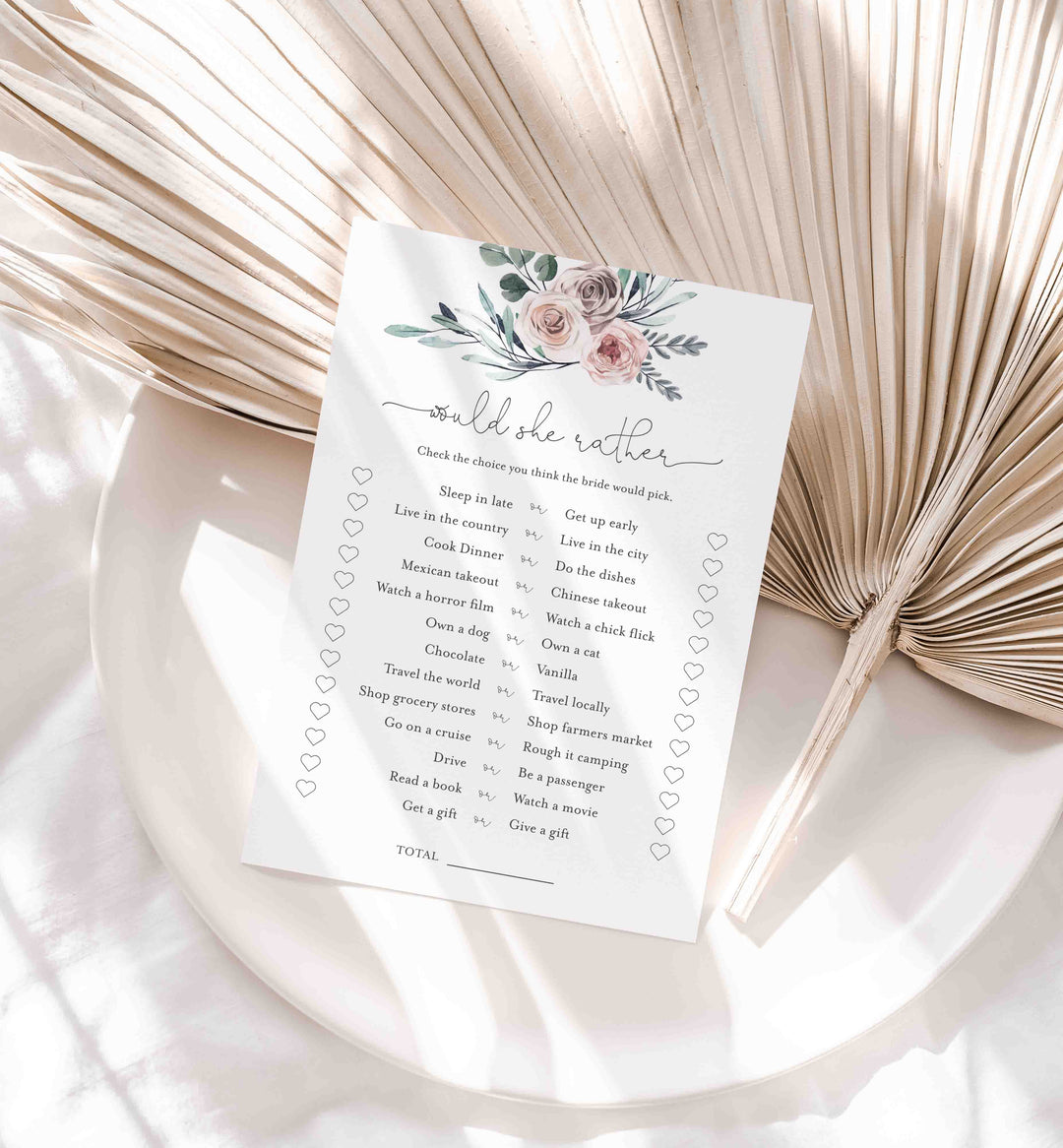 Boho Rose Bridal Shower Would She Rather Game Printable