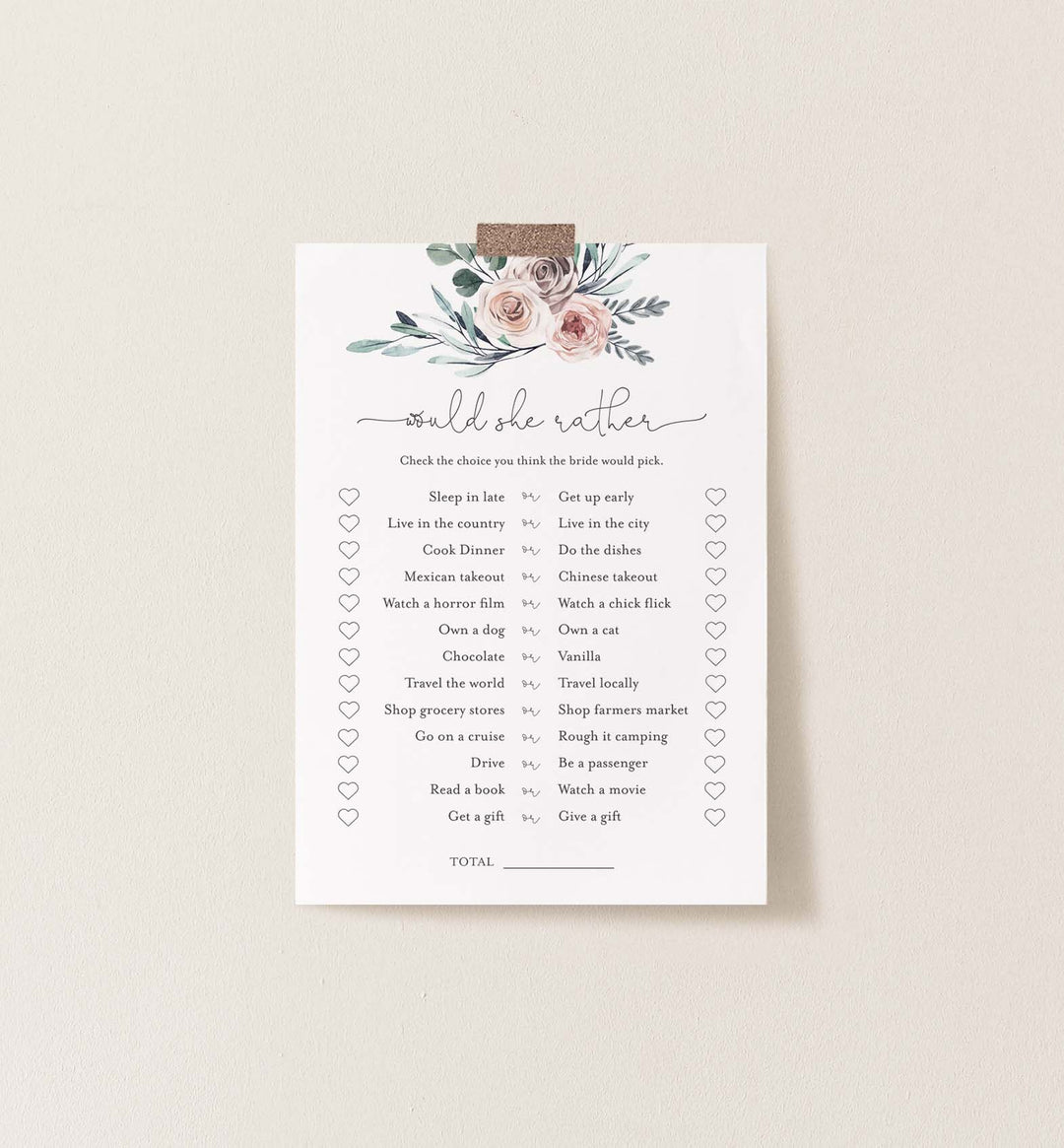 Boho Rose Bridal Shower Would She Rather Game Printable
