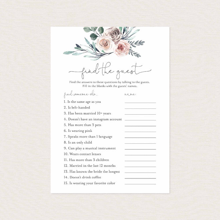 Boho Rose Bridal Shower Find The Guest Game Printable
