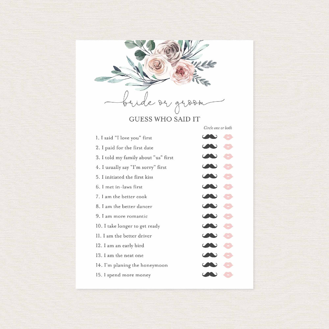 Boho Rose Bridal Shower He Said She Said Game Printable