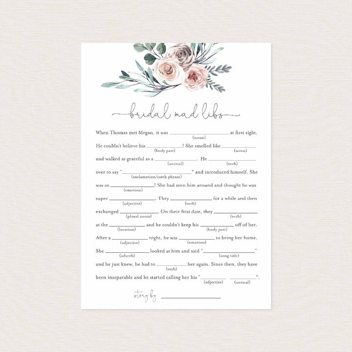 Boho Rose Bridal Shower Mad Libs Game Printable