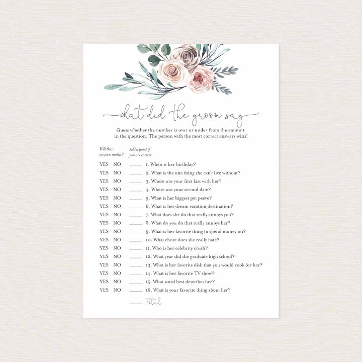 Boho Rose Bridal Shower What Did The Groom Say Game Printable