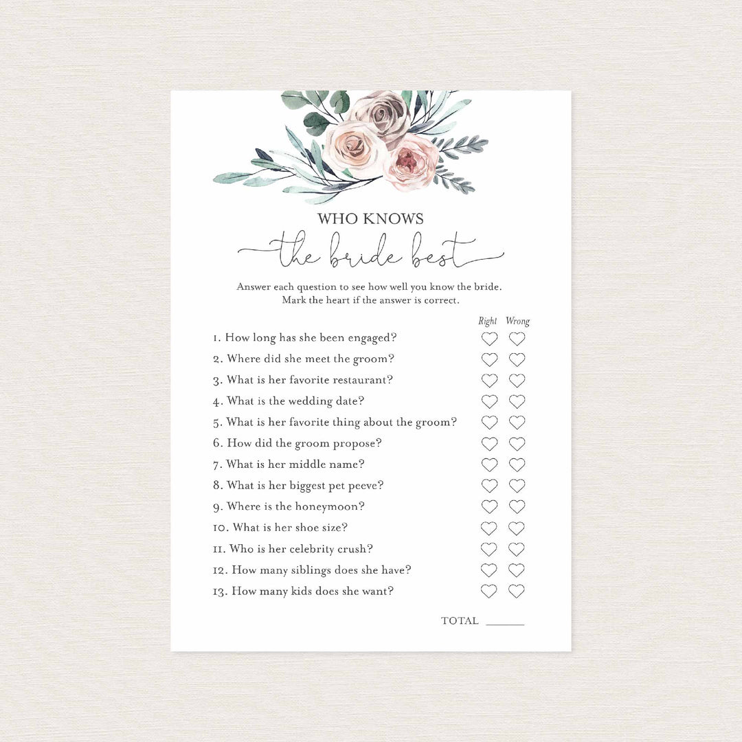 Boho Rose Bridal Shower Who Knows The Bride Best Game Printable