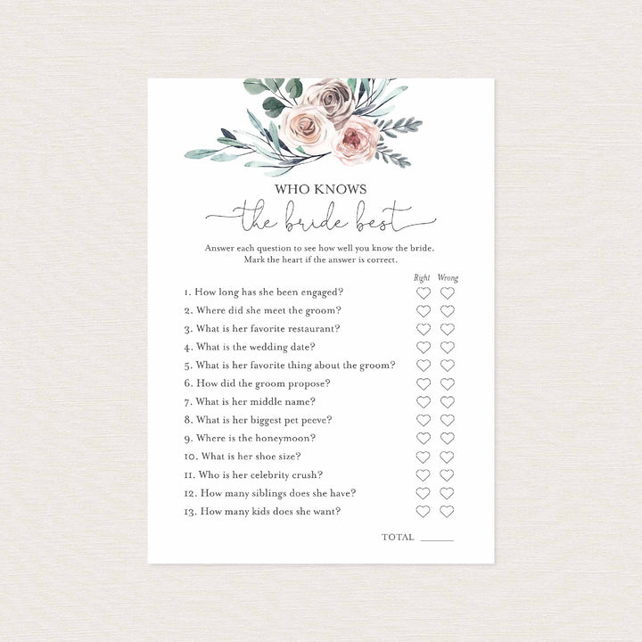 Boho Rose Bridal Shower Who Knows The Bride Best Game Printable