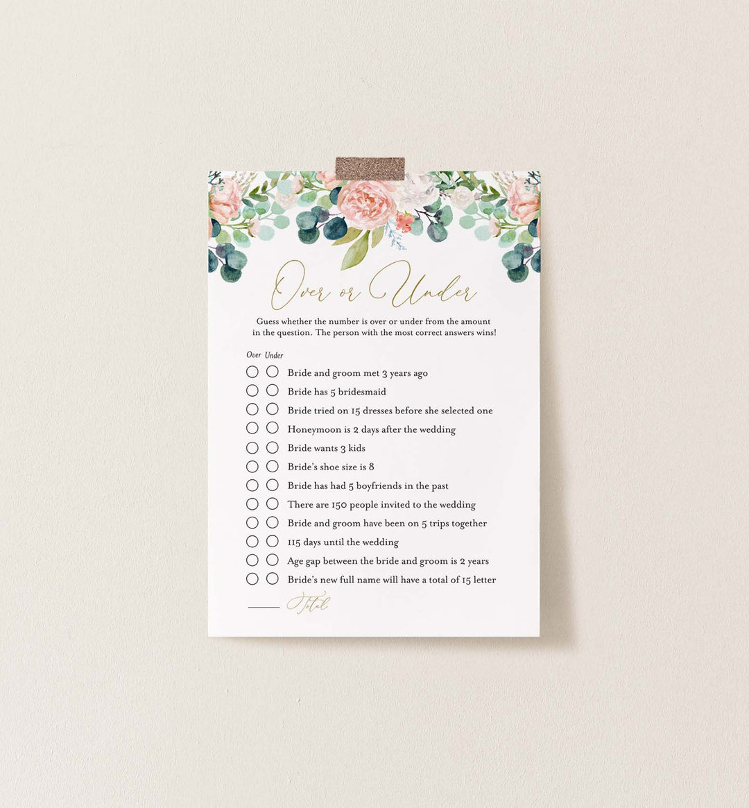 Blush Garden Bridal Shower Over or Under Game Printable