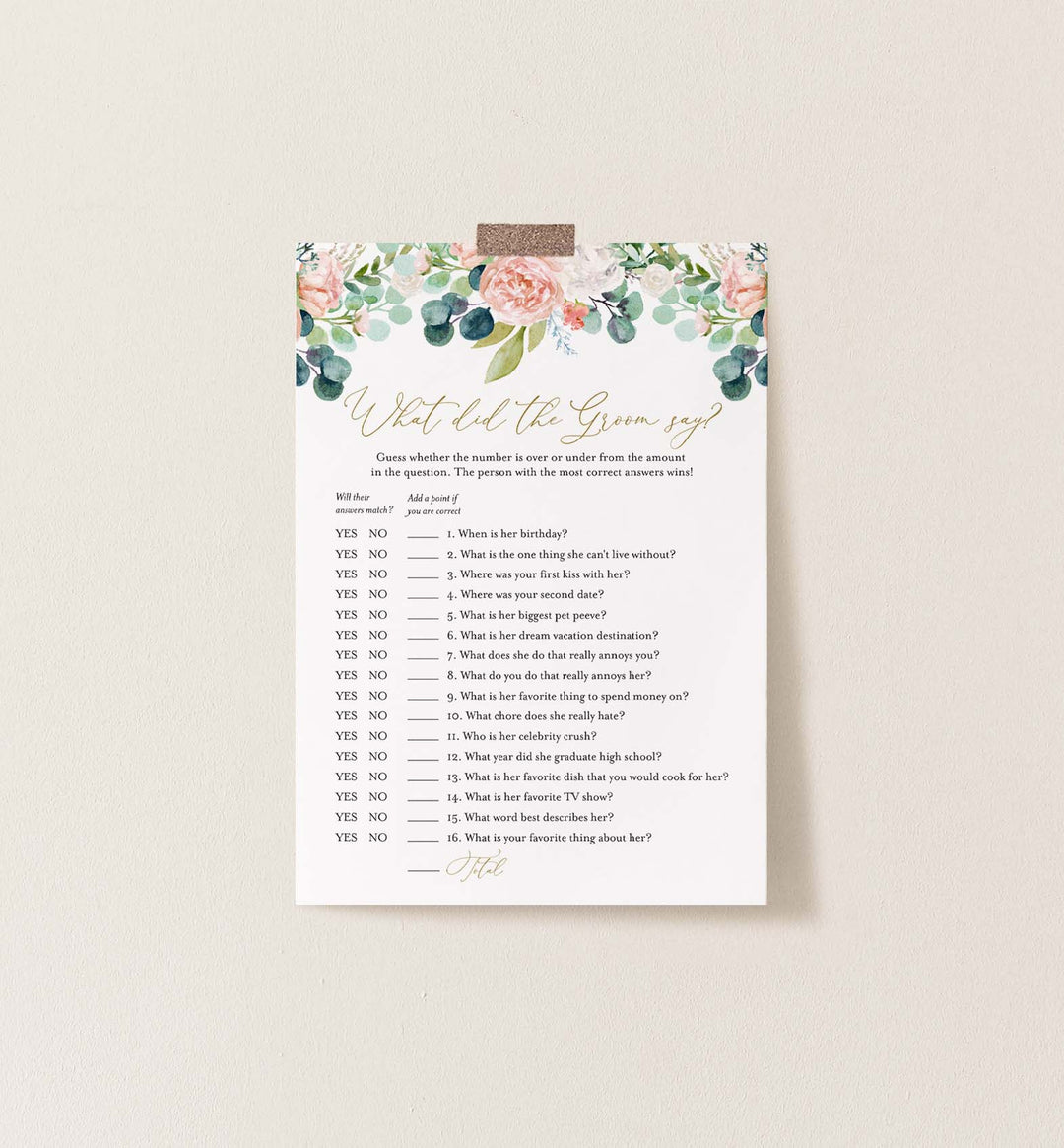 Blush Garden Bridal Shower What Did The Groom Say Game Printable