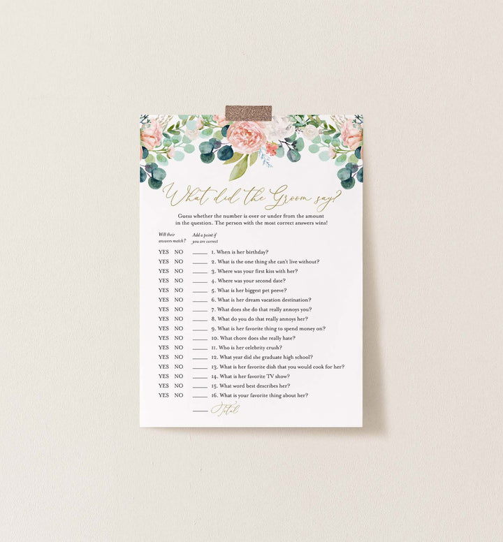 Blush Garden Bridal Shower What Did The Groom Say Game Printable