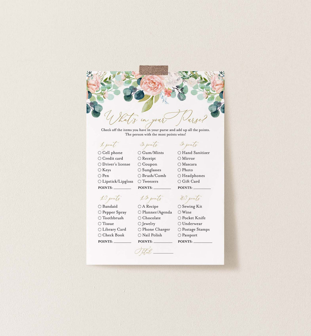 Blush Garden Bridal Shower What's In Your Purse Game Printable