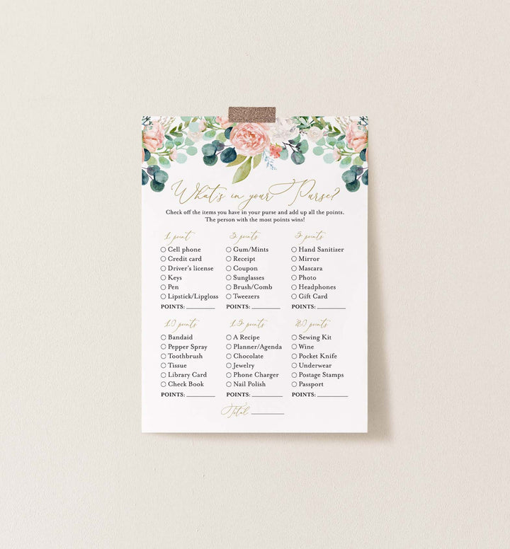 Blush Garden Bridal Shower What's In Your Purse Game Printable