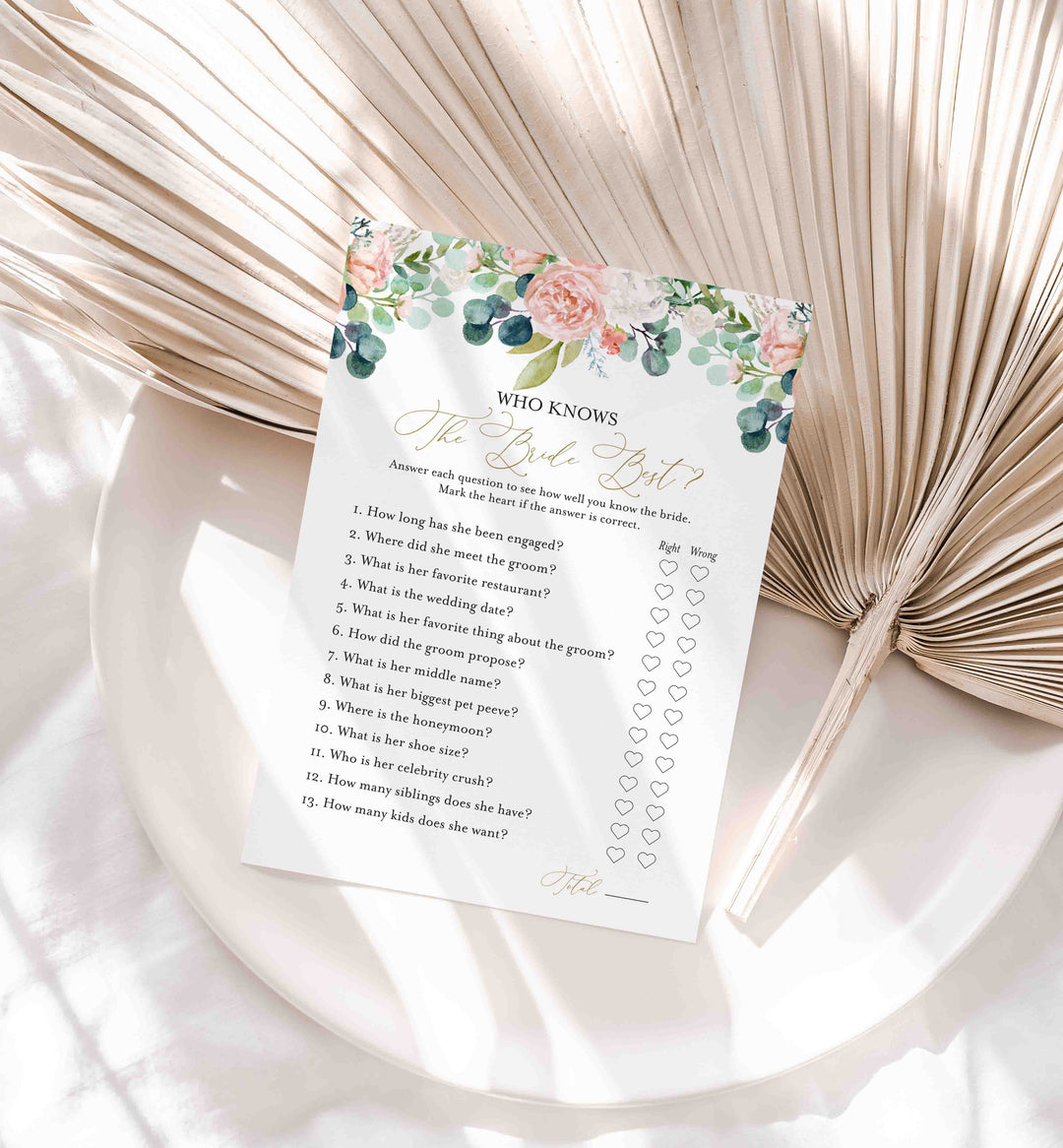 Blush Garden Bridal Shower Who Knows The Bride Best Game Printable