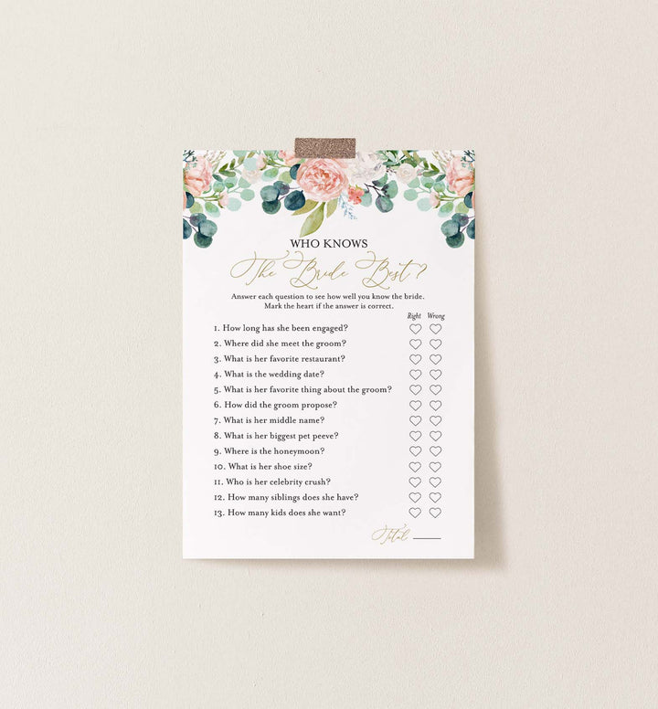 Blush Garden Bridal Shower Who Knows The Bride Best Game Printable