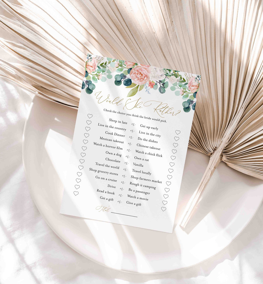 Blush Garden Bridal Shower Would She Rather Game Printable
