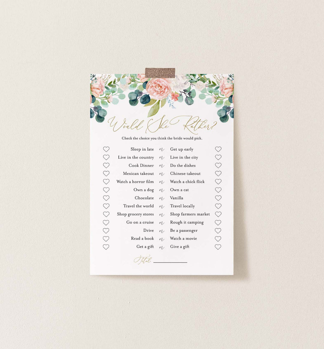 Blush Garden Bridal Shower Would She Rather Game Printable