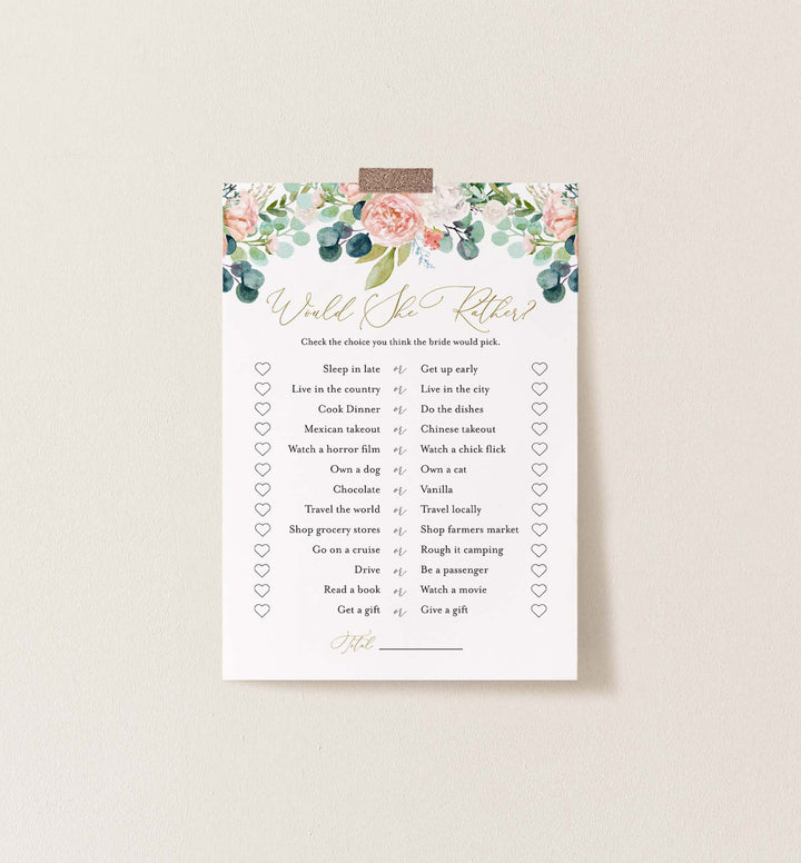 Blush Garden Bridal Shower Would She Rather Game Printable