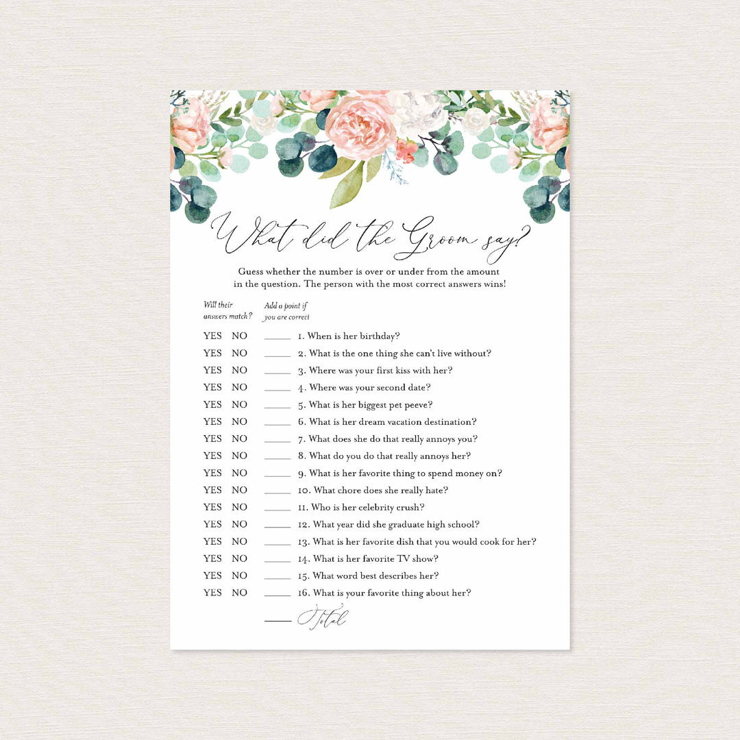 Blush Garden Bridal Shower What Did The Groom Say Game Printable