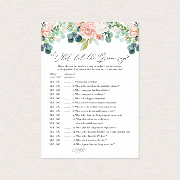 Blush Garden Bridal Shower What Did The Groom Say Game Printable