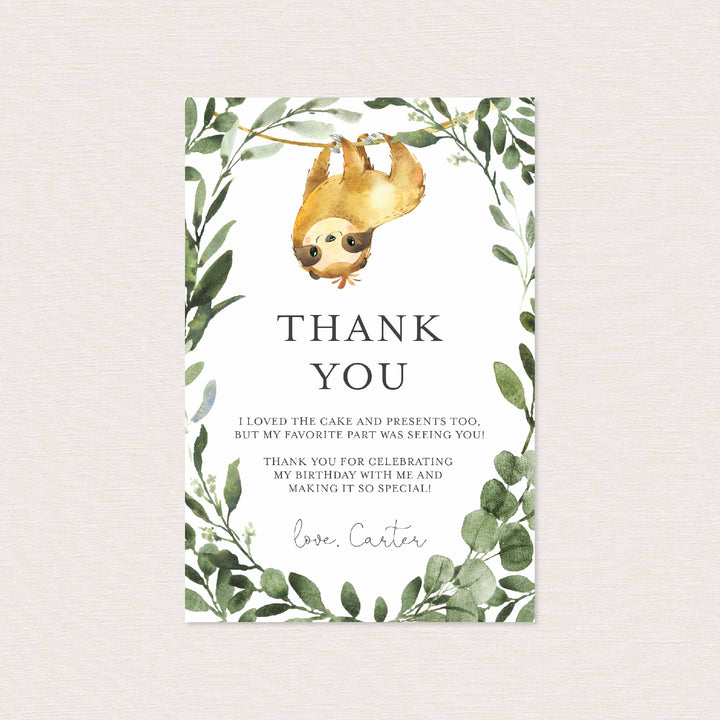 Sloth Kids Birthday Thank You Note Printable