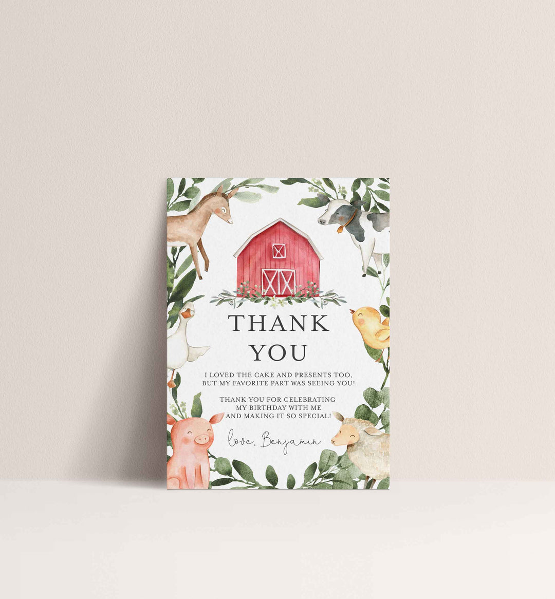 On The Farm Kids Birthday Thank You Note Printable