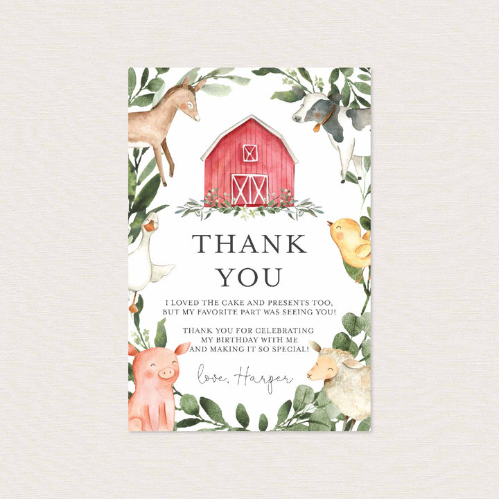 On The Farm Kids Birthday Thank You Note Printable