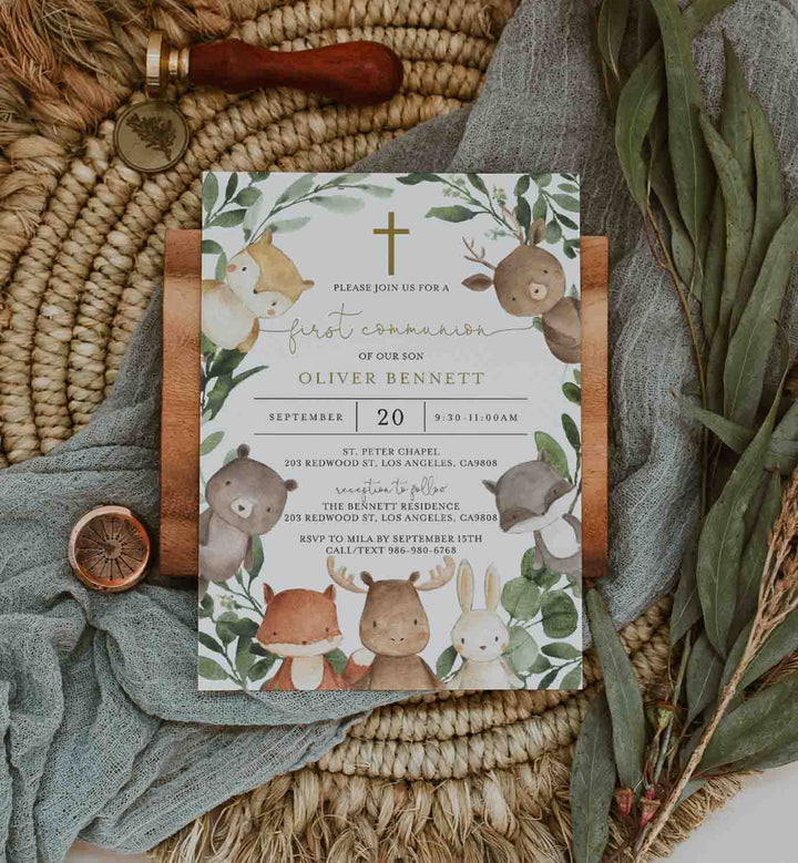 Woodland Friends First Communion Invitation Printable