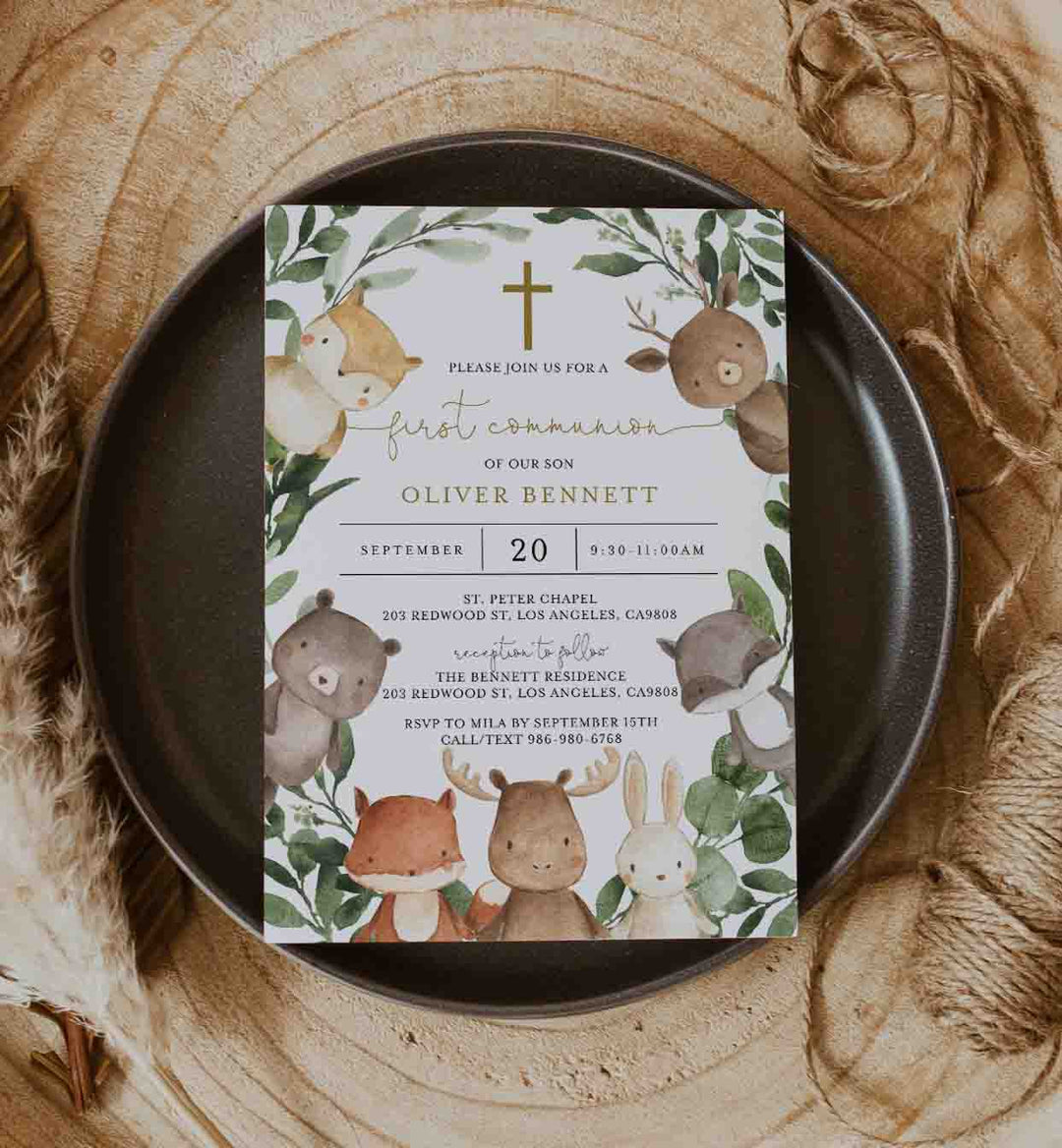Woodland Friends First Communion Invitation Printable