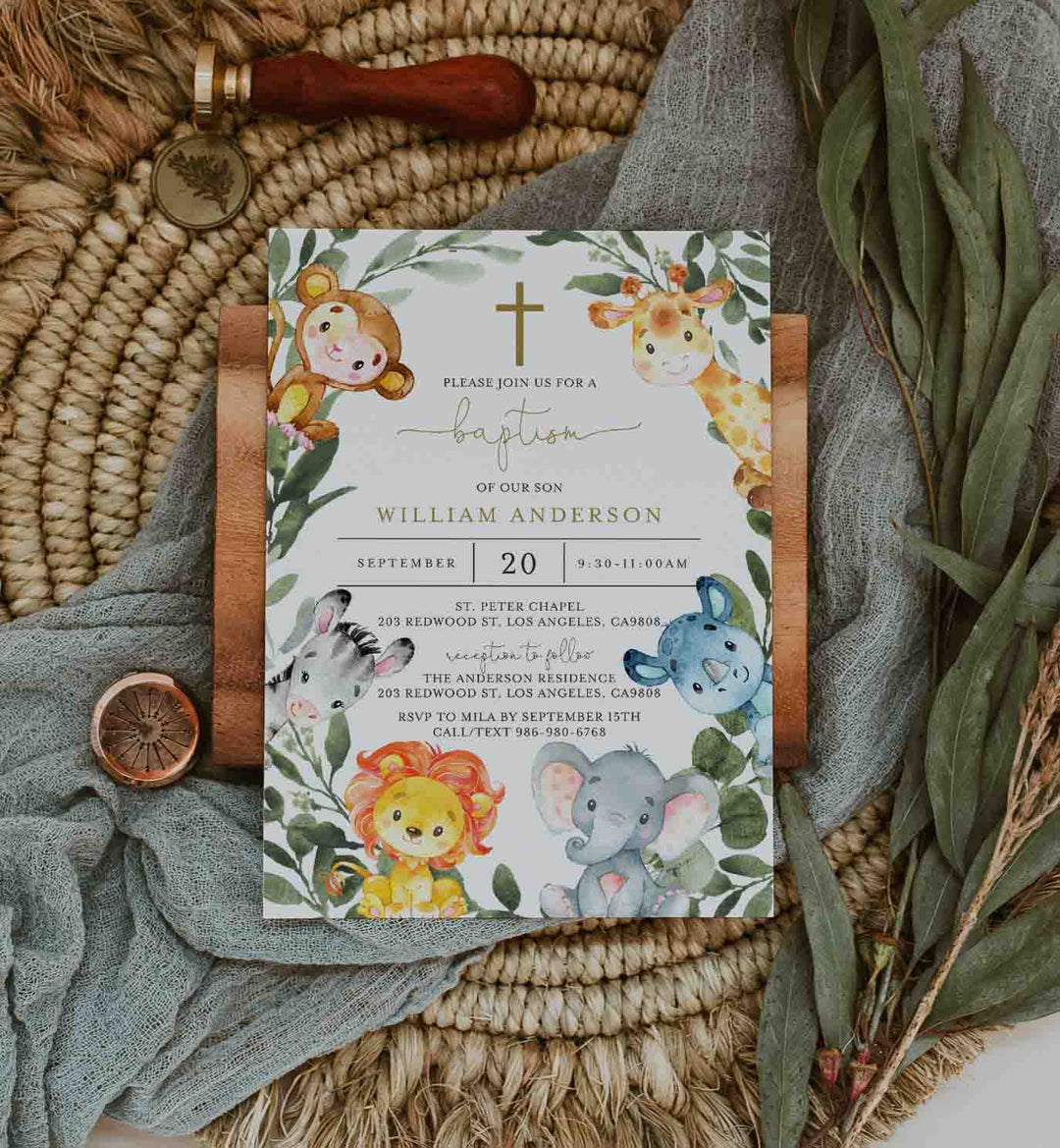 Jungle Animals Baptism Invitation Printable