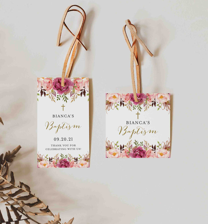 Pink Floral Baptism Favour Tag Printable