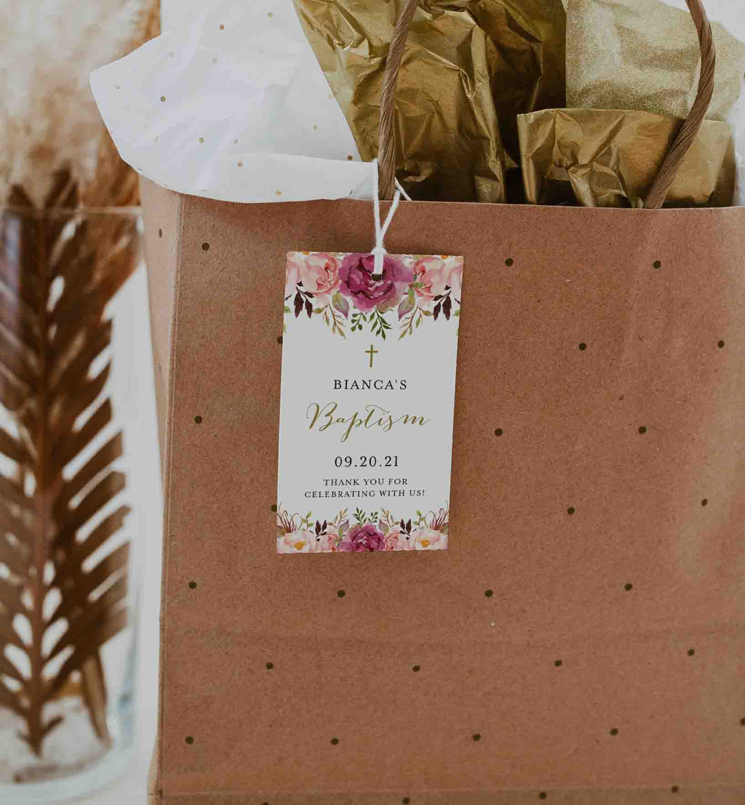 Pink Floral Baptism Favour Tag Printable