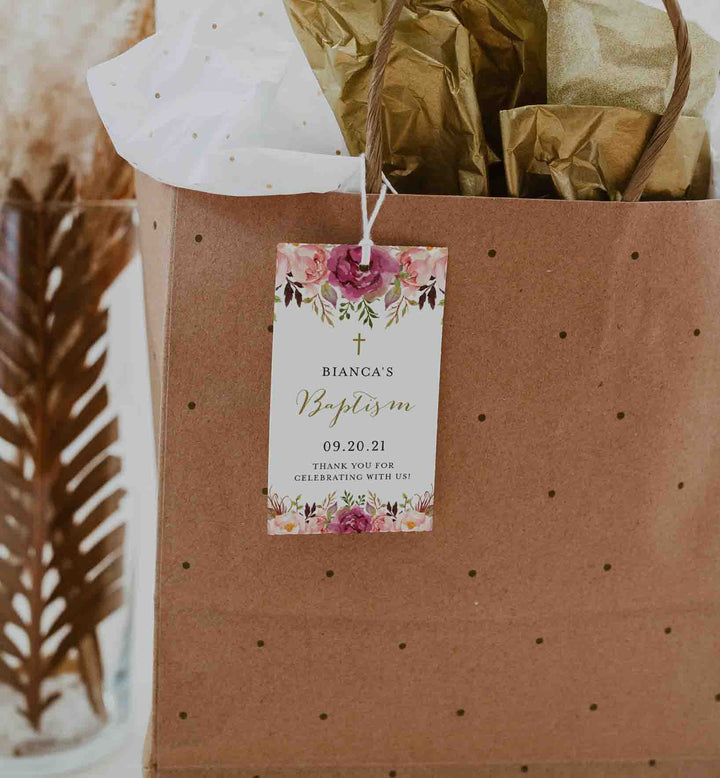 Pink Floral Baptism Favour Tag Printable