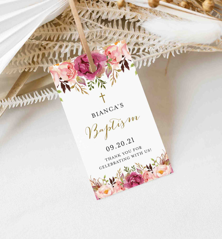 Pink Floral Baptism Favour Tag Printable