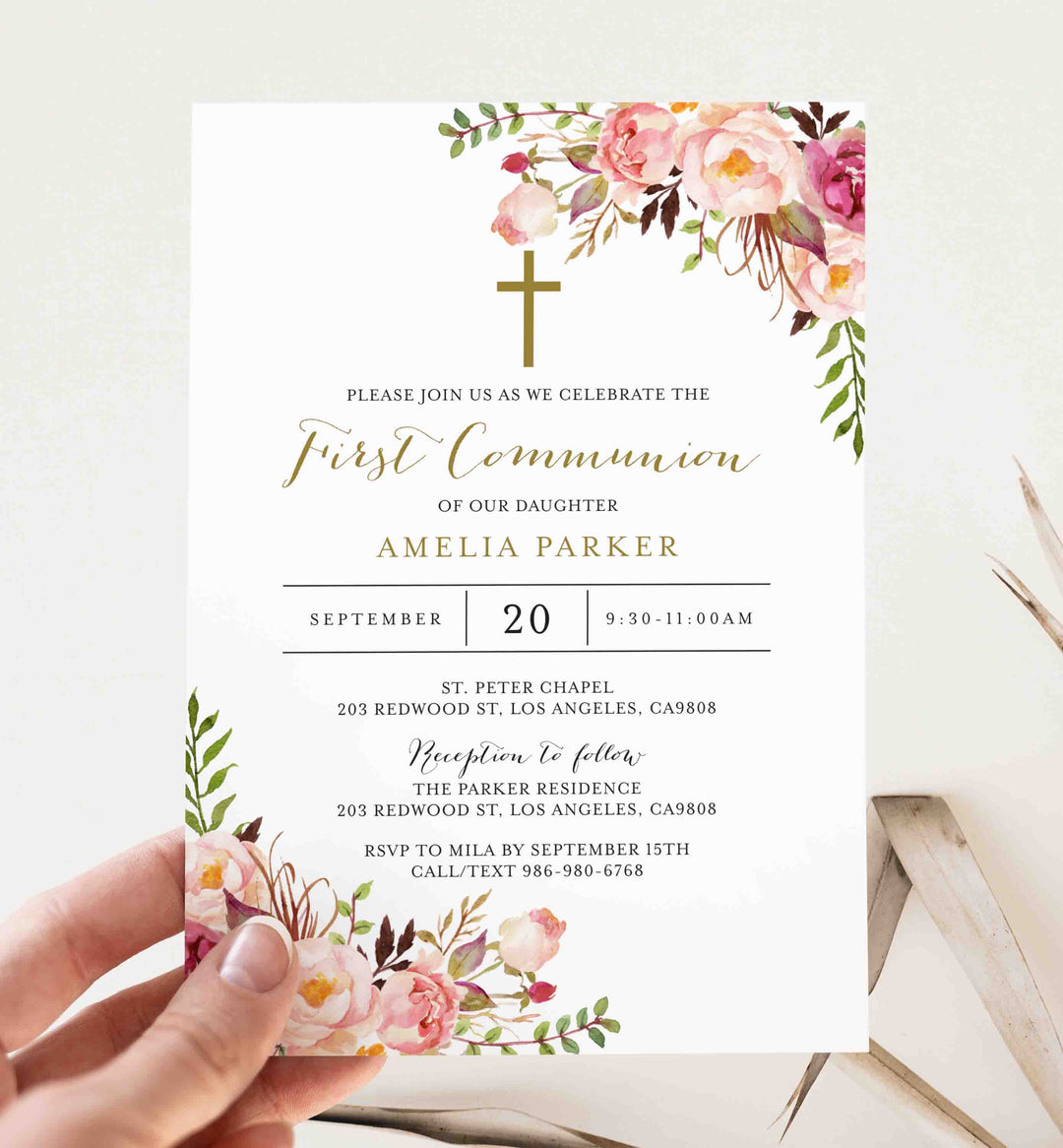 Pink Floral First Communion Invitation Printable