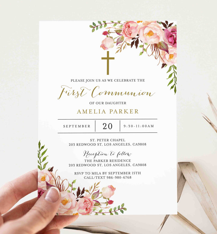 Pink Floral First Communion Invitation Printable