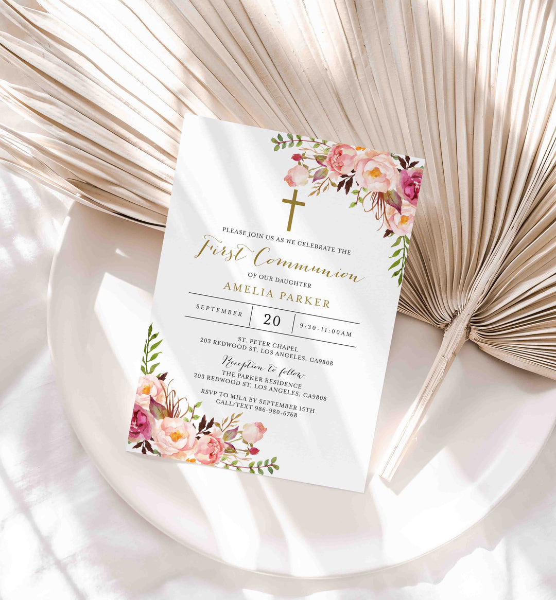 Pink Floral First Communion Invitation Printable