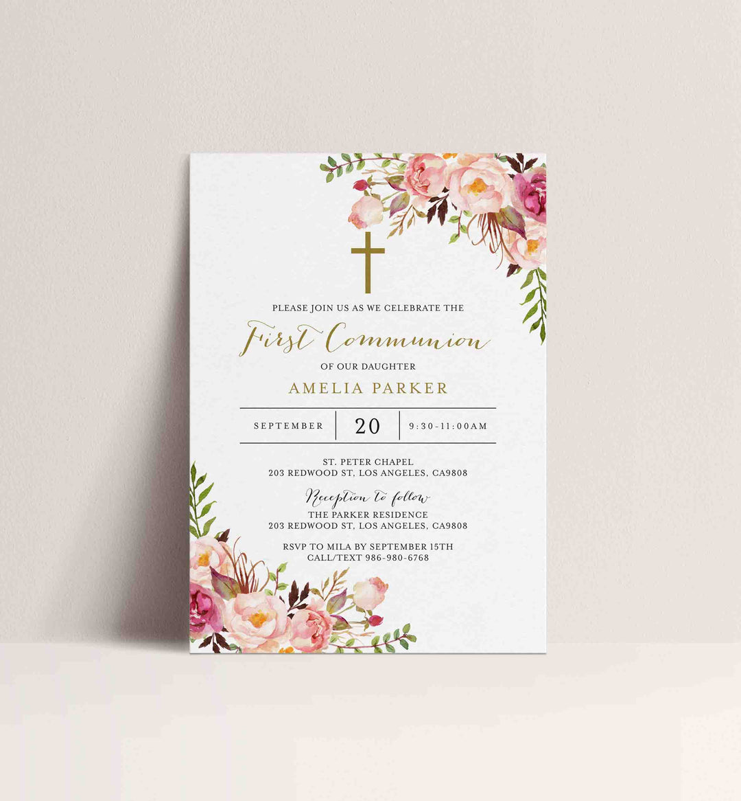 Pink Floral First Communion Invitation Printable