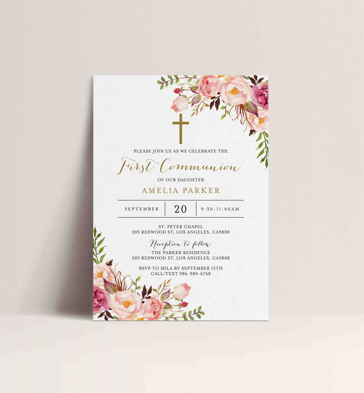 Pink Floral First Communion Invitation Printable
